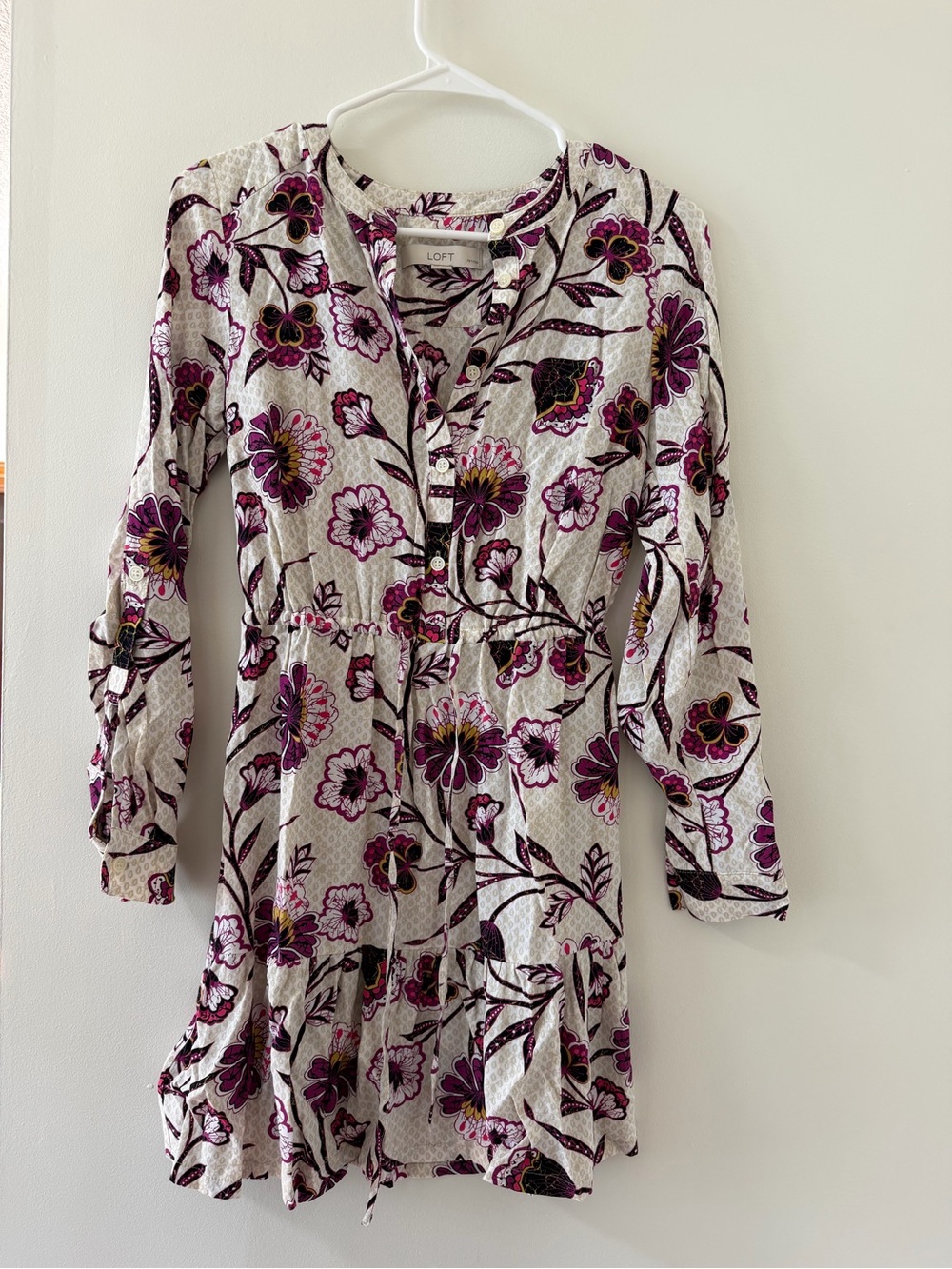 LOFT Mini Dress Womens XXSP Cream Purple Like New Floral Button Front Elastic